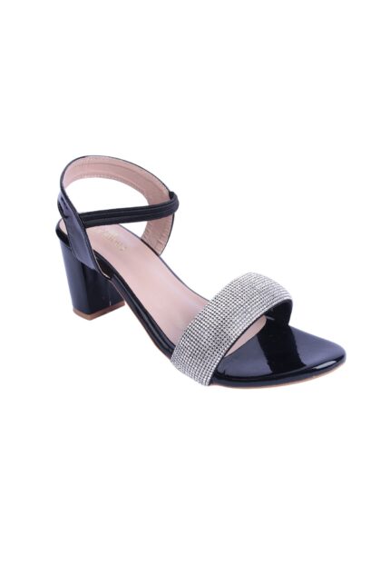 Rhinestone Embellished Block Heel Sandals (Black & Silver)